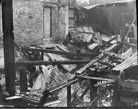 View of charred interior Pacific Manufacturing Co fire, 1935
