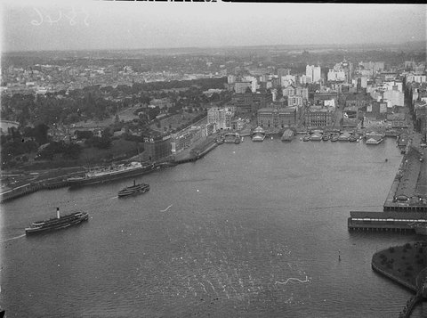 View of Circular Quay from north side creepercrane of Sydney Harbour Bridge, 1925–57