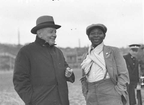 Visiting football official with an Aussie official, 1930s