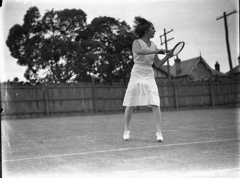 Woman tennis player in action, c. 1934