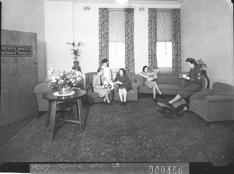 Women taking tea in Wesley Hostel for Service Women, 1945