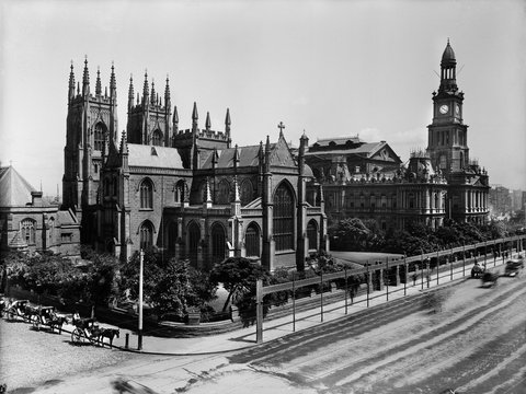 St Andrew's Cathedral and Town Hall, Sydney from The Powerhouse Museum Collection (restored), c. 1900