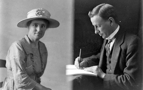 A woman in large hat and a man writing, 1930s