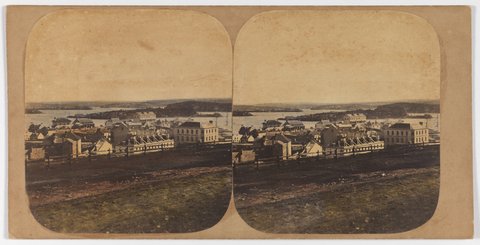 Millers Point - Parramatta River from the Flagstaff (1858) (Handcoloured view, looking across Millers Point to Lord Nelson Hotel on right, with Whalers Arms in centre and Albion House beyond)