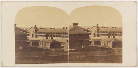 Military Barracks Paddington (Looking south east from the Greens Road wall past the Garrison Hospital to the main Barrack Block), 1850–70