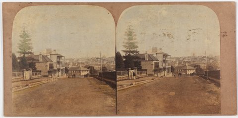 Bent St. Sydney (1859) (Hand coloured view from Phillip Street looking west down Bent Street, past the three storey Pulteney Hotel on left to the Macquarie fountain, demolished
