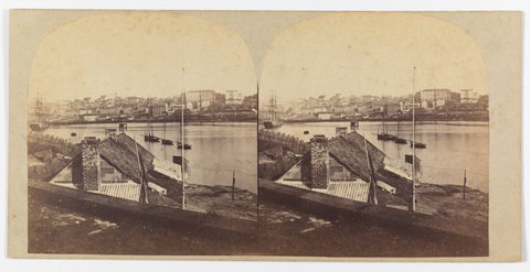 Sydney Cove no.2 from Fort Macquarie (1859) (Looking south-west across Sydney Cove to The Rocks, with Mariners Church, north George Street, in centre)