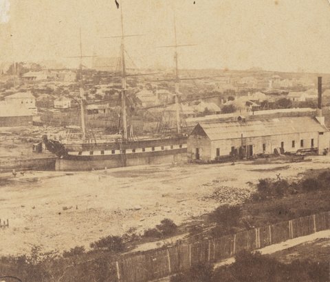 The Dry Dock Balmain (Looking west across Mort’s Dock at Waterview Bay, Balmain. The building on right was severely damaged by a boiler explosion in 1865), 1860