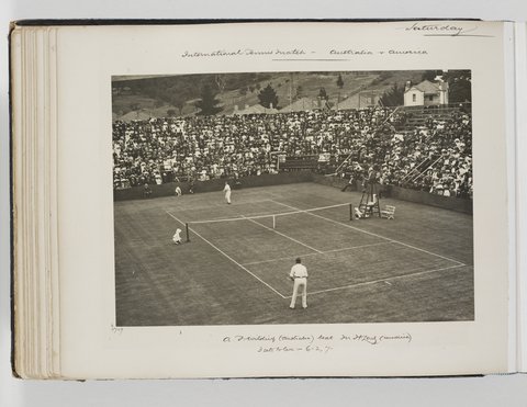 View of Grandstand, International Tennis Match- Australia vs America, Double Bay, NSW, 27 November 1909, Allen family Album No. 52