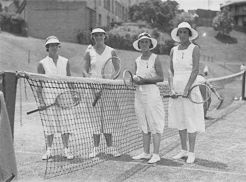 Group of four female players at the nets, ca. 1926, by Sam Hood, c. 1926