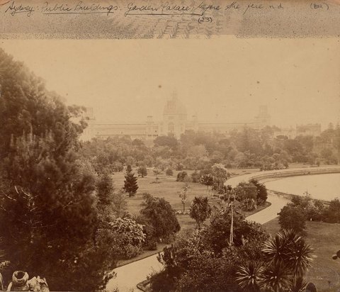 View of Garden Palace looking south-west from top of Victoria Lodge, Botanic Gardens, Sydney, c. 1879-1882 by C. Bayliss Photo, 1879–82