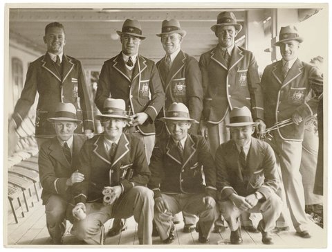 Kangaroos (Australia's national Rugby League team) on the deck of a ship in full team uniform, ca. 1935 - Sam Hood, c. 1935