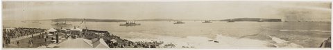 Arrival of the American Fleet at Sydney Australia, August 1908; (Sydney Harbour from North Sydney, c. 1915-1925) - panoramic photographs by Exchange Studios, 49 Pitt St. Sydney, 1908–25