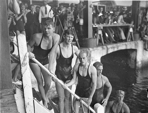 Five male swimmers - Noel Ryan on left, Domain Baths, Sydney, (ca. 1934) - photographer Sam Hood, c. 1934