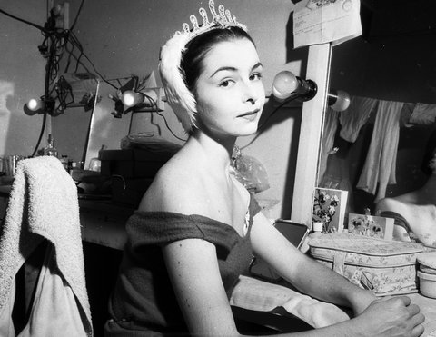 Lynn Seymour, Royal Ballet, dressed for Swan Lake in her dressing room at the Empire Theatre, Sydney, 29 October 1958 - photographer Norm Danvers