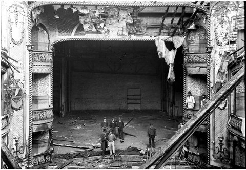 Architect Humphreys, father of Dr E.M. Humphreys, surveys the fire damage to the Theatre Royal during Mrs. Bernard Beere's season ?, Sydney, 1892 - photographer Albert James Perier
