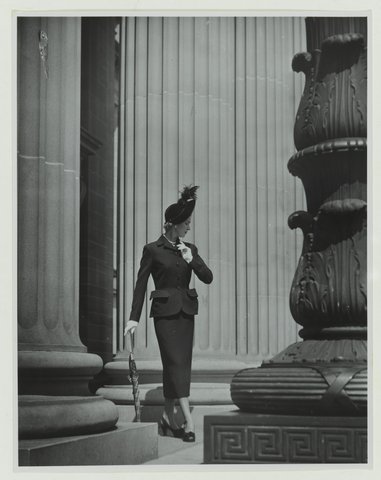 Model in New Look fashion on steps of the Public Library of New South Wales, 1950 - silver gelatin photoprint by Rob Hillier