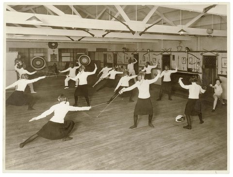 Men and women fence at Swords Club, 1936 - photogapher Sam Hood