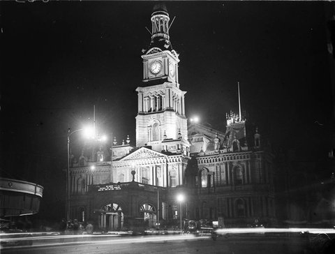 The Sydney Town Hall illuminated for the Radio and Electrical Exhibition, ca. 1930 - photographer Sam Hood, c. 1930