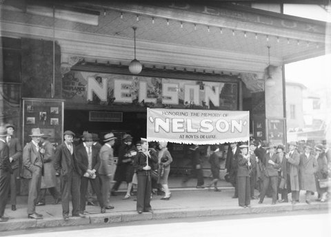 Naval League cadets in uniform march to Hoyts De Luxe Cinema, George Street, Sydney for the film "Nelson", 6 August 1928 - photographer Sam Hood