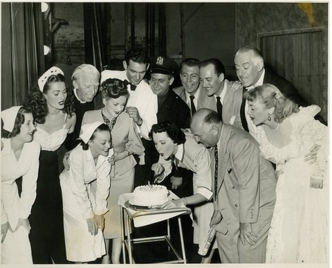 Maree Austin, US star John Hubbard and cast of "Mary had a little" celebrate a birthday, Tivoli Theatre, Melbourne, 1951 - Harry Jay