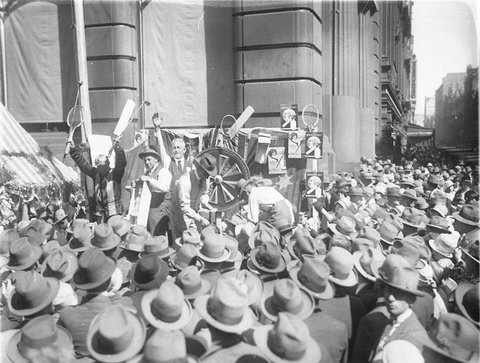 Chocolate wheel, United Charities Fund Street Fair, Pitt Street, Sydney, 1920s, by Sam Hood