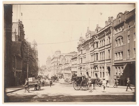 (Looking east along Bridge Street (with horsedrawn trafffic) from George Street), n.d., by Sam Hood, 1912