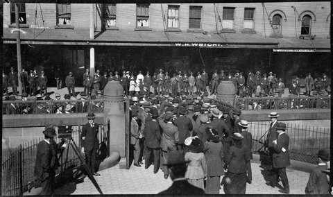 Strike (?), Railway Institute and Central Court, ca. 1917 (note the cinecamera), by Sam Hood, c. 1917