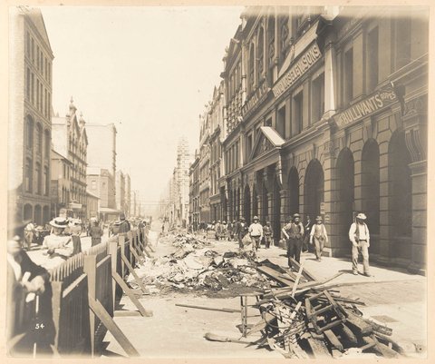 Kent-street from Views taken during Cleansing Operations, Quarantine Area, Sydney, 1900, Vol. I - under the supervision of Mr George McCredie, F.I.A., N.S.W. photographed by John Degotardi Jr