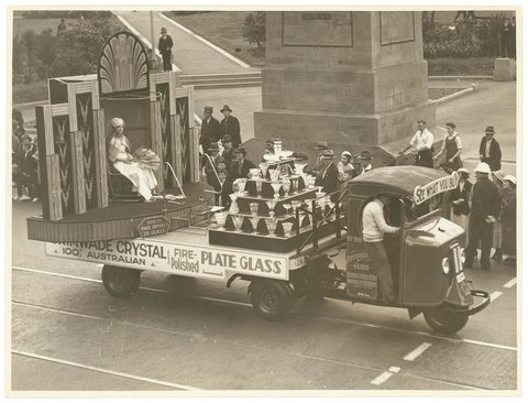 Three-wheel tractor of Australian Glass Manufacturers with trailer, c. 1930s, probably by Sam Hood
