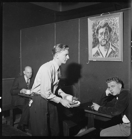 Jim Southwell (collecting plates); Zdenek Weiss, Czech student (on right) from Lincoln Coffee Lounge and Cafe, Rowe Street, Sydney - photographed by Brian Bird c. 1948-1951, 1948–51