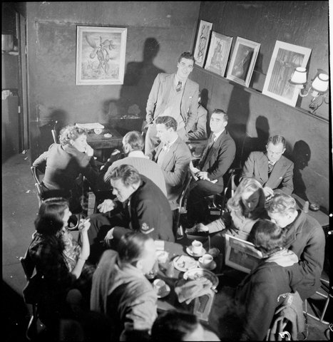 John Barry, proprietor (standing at rear) from Lincoln Coffee Lounge and Cafe, Rowe Street, Sydney - photographed by Brian Bird c. 1948-1951, 1948–51