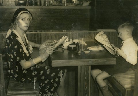 Mary ("Molly") Fraser and son John having lunch in a cafe, Sydney, ca. 1938 - photographer unknown, c. 1938