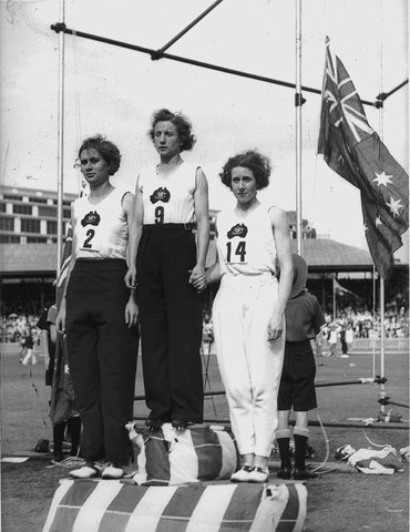 Decima Norman, Jean Coleman and Eileen Wearne win gold, silver and bronze medals for Australia in the 220 yard sprint, Empire Games, Sydney, 11 February 1938 - photographer Sam Hood