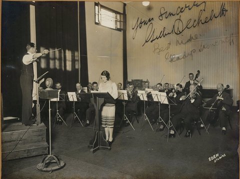 Gladys Moncrieff, singer, records with orchestra conducted by Gilbert Dechelette, HMV Studios, Sydney, ca. 1928-1932 - photographer Eden Studios, 1920–32