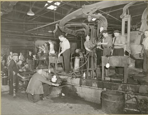 Glassblowers at work, Crown Crystal, 1950, by Crown Crystal Studio