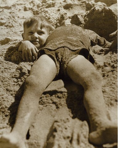 Billy and Graham Green from the Salvation Army Camp practise a little deceit, Collaroy Beach, ca. 1940 - photographer unknown, c. 1940