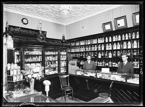 Interior of E. W. Watts chemist shop, Epping, c. 1911-1929, by Rex Hazlewood, 1911–29