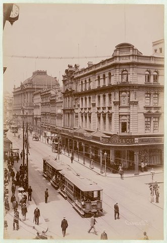 David Jones, George St. Sydney, cnr. Barrack St. Tram to Dulwich Hill, c. 1900-1910, 1900–10