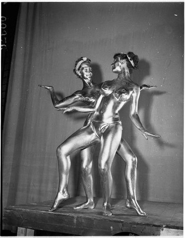 Parisian Moon Dancers in gold paint at the Palladium Theatre, Sydney, 28 September 1955 - Ern McQuillan