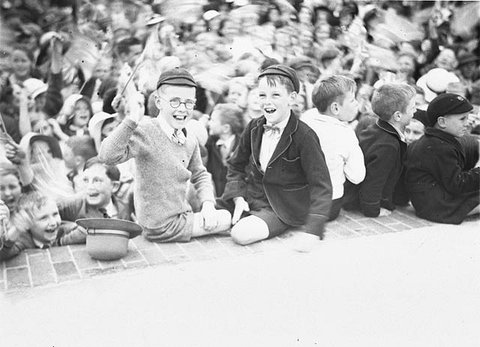 Two young schoolboys wave their flags, 1934 - Sam Hood