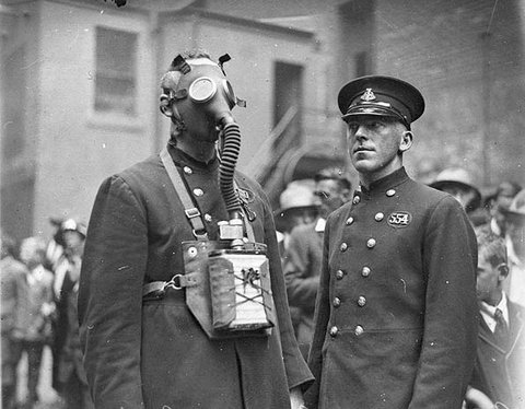New gas-masks for the NSW Fire Brigade, Castlereagh Street headquarters, Sydney, 1927 - Sam Hood