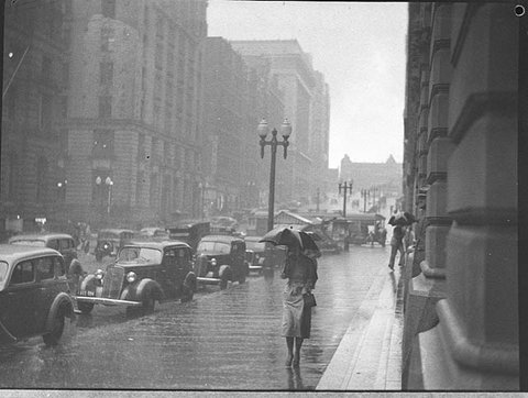 Rain, Martin Place, Sydney, 1937 - by Sam Hood
