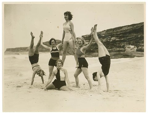 Theatre Royal chorus, Tamarama Beach, ca. 1938 - by Sam Hood, c. 1938
