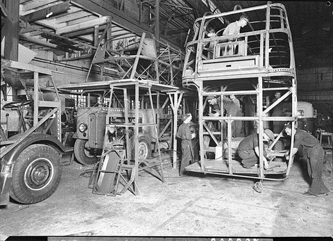 Assembling the bodies on AEC bus chassis, 1937