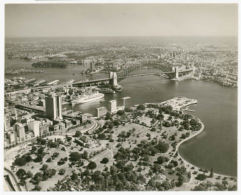 (AMP Building, Botanic Gardens, Harbour Bridge and Circular Quay with liner Canberra), July 1963, by Ern McQuillan