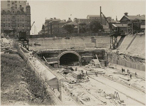 Open cut underground railway now completed, Museum Station, Sydney, New South Wales, ca. 1925, 1924