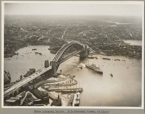 Orient liner SS Orford passing under Sydney Harbour Bridge turning towards Circular Quay, 19 March 1932