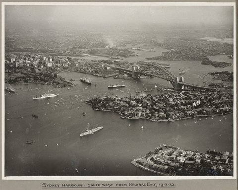 Ships surrounding Sydney Harbour and Sydney Harbour Bridge taken from Neutral Bay, 19 March 1932