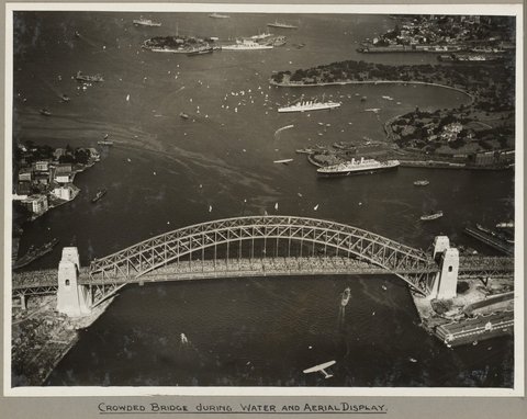 Sydney Harbour Bridge crowded with onlookers during the water and aerial display, 19 March 1932